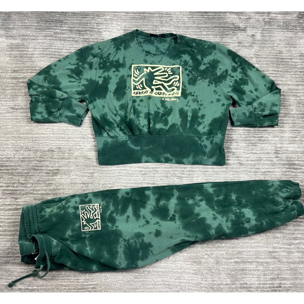 Keith Haring Sweatshirt Set Women 3X Green Tie Dye Graphic Crop Top Joggers
